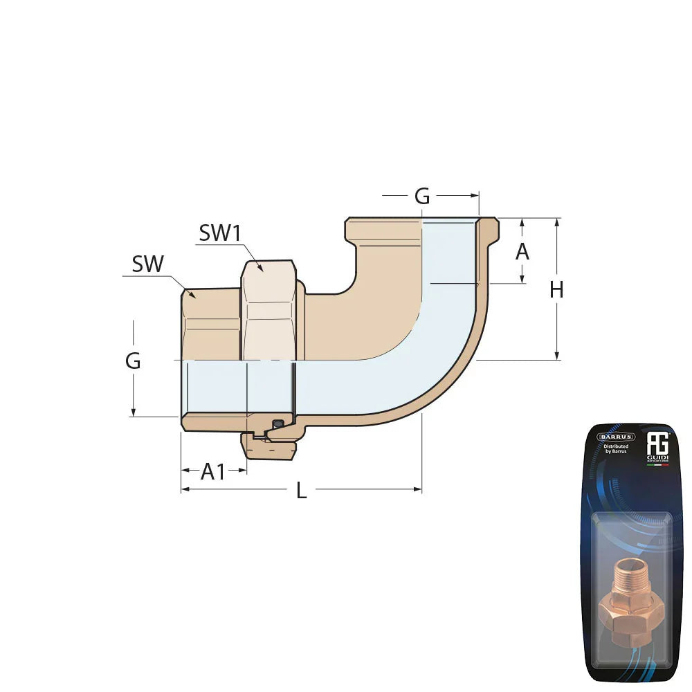 Guidi Brass 90° Brass F‑F Union, Tapered Seat & O‑Ring, 1in x | 4Boats