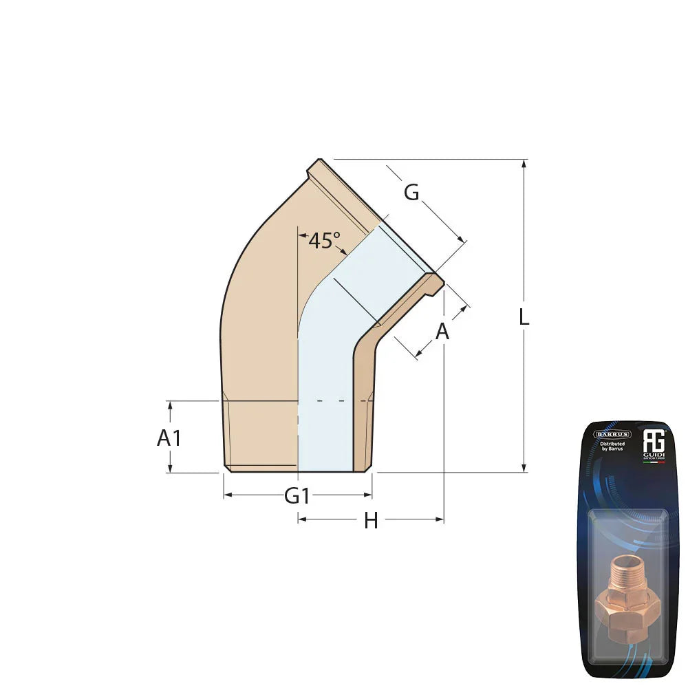Guidi Brass 45° Elbow M-F 25.4×12.7 mm Retail Pack | 4Boats