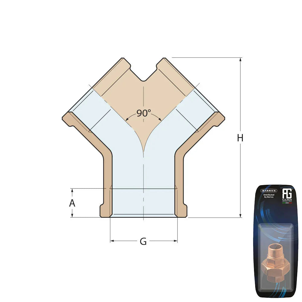 Guidi Brass Y Connector 1 in x 1/4 in BSP - Retail Pack | 4Boats