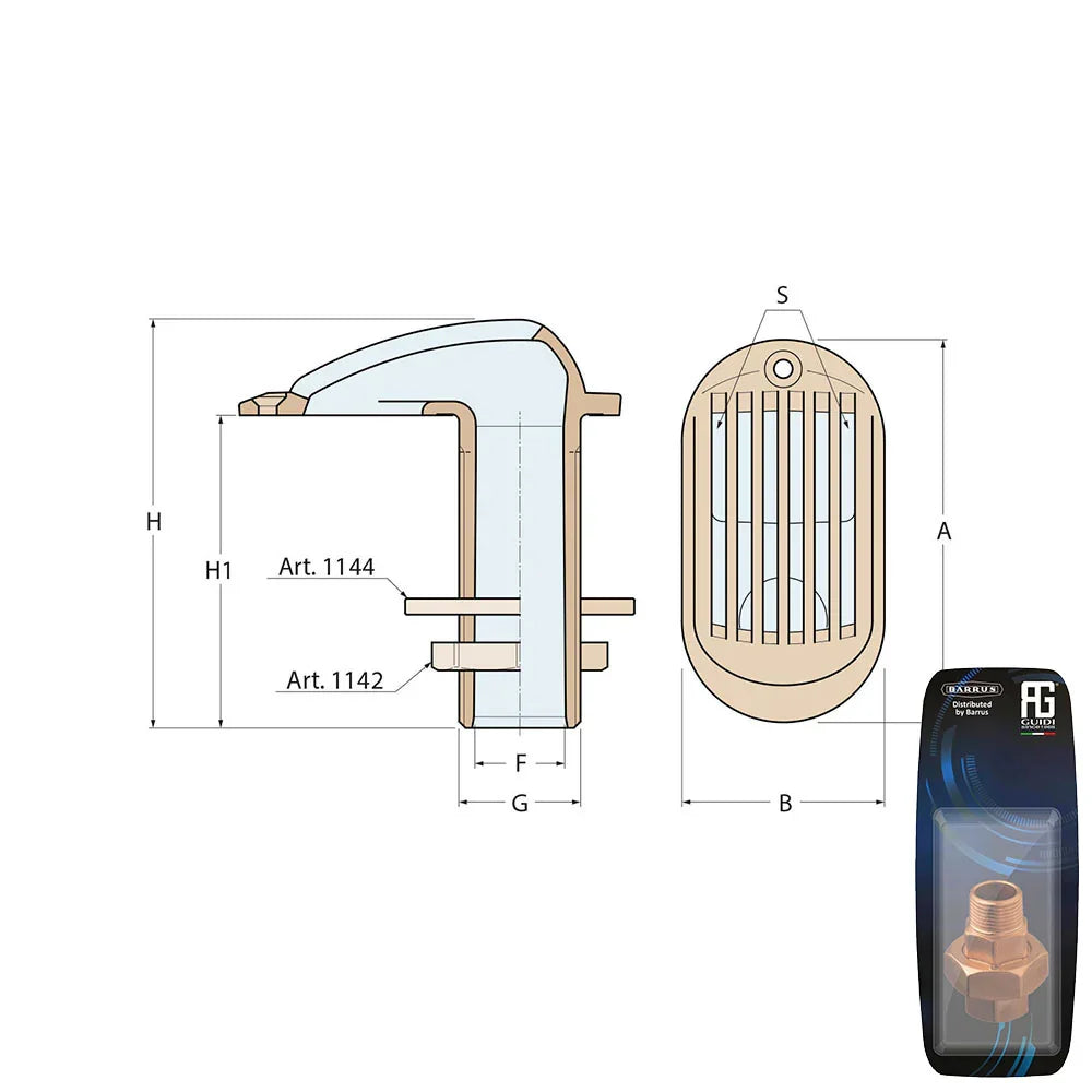 Guidi Brass Grated Water Intake 31.8 mm (1/4 in) - Retail Pac | 4Boats