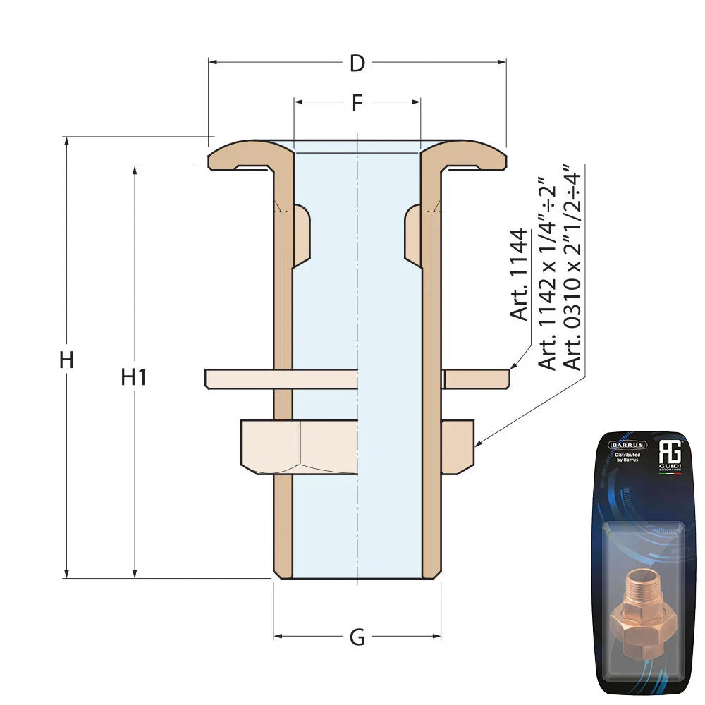 Guidi Brass Thru-Hull 32 mm (1¼ in) - Retail Pack | 4Boats