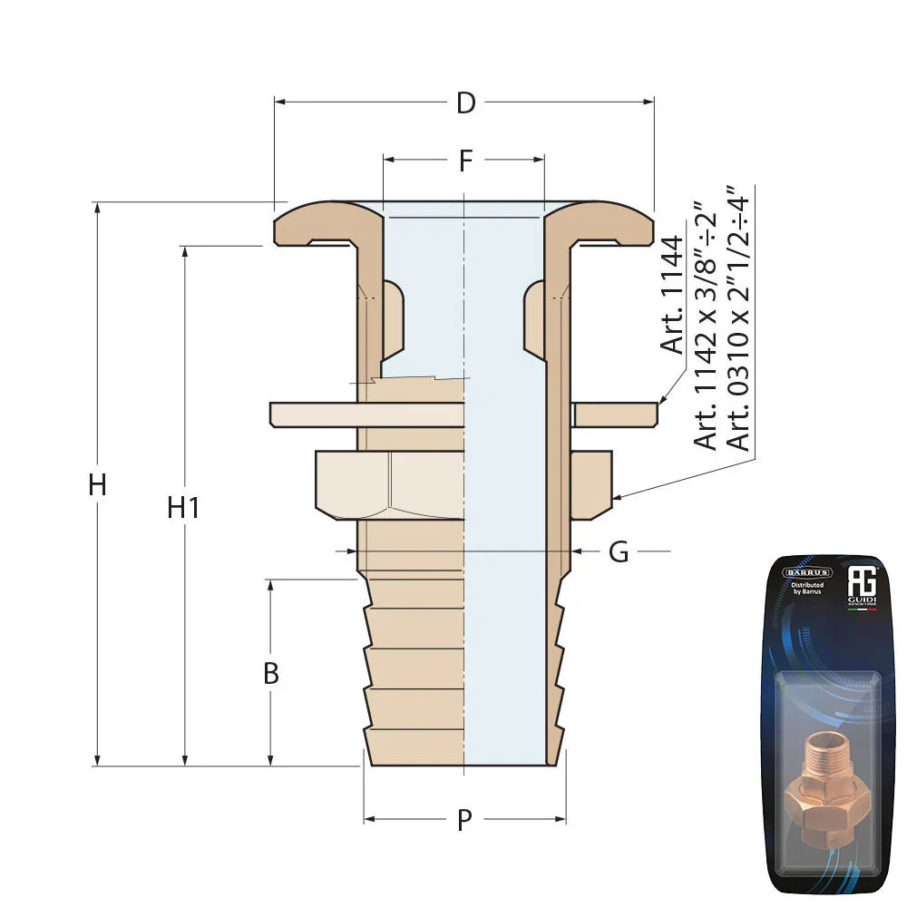 Guidi Brass Thru-Hull 9.5 mm (3/8 in) Hose Adaptor, BSP G | 4Boats