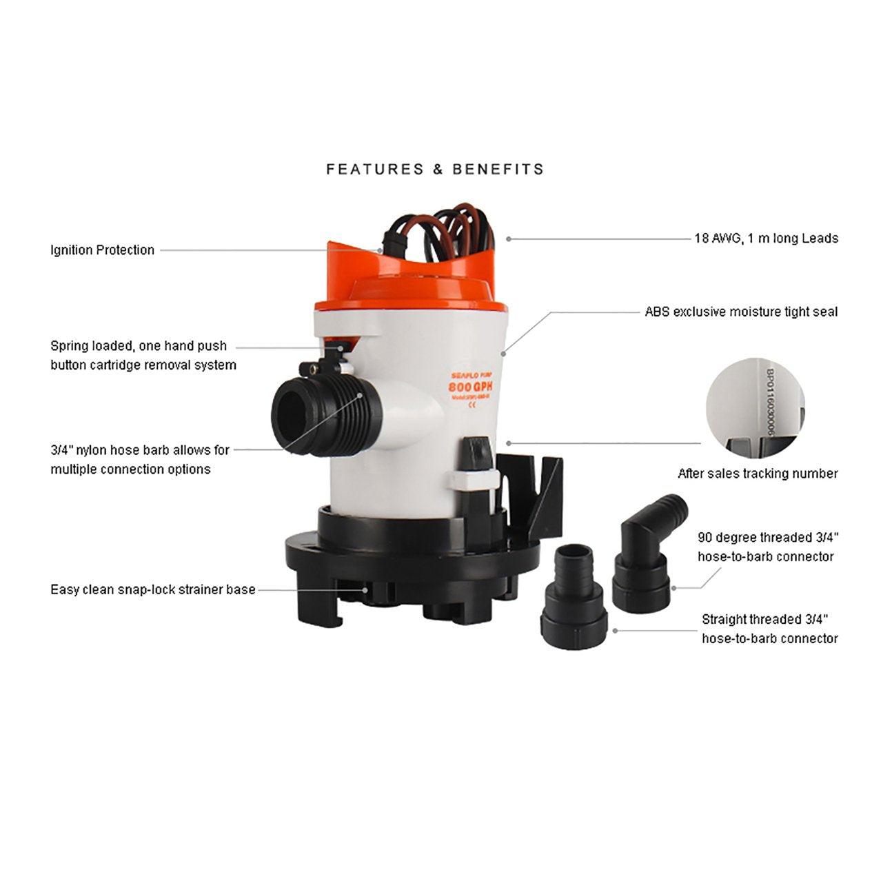 Seaflo 12V 800GPH Non-Automatic Marine Bilge Pump 03 Series BP1G80003 3/4 Outlet