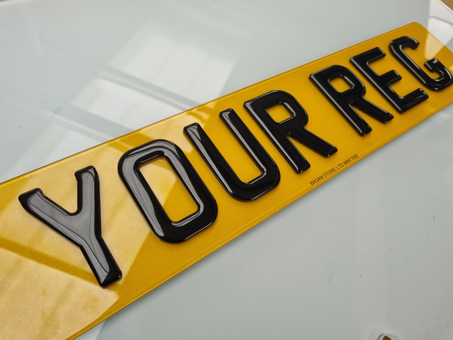 Pair of 4D Acrylic PLUS 3D Gel ON TOP Number Plates, Gloss Black, Road Legal Plates