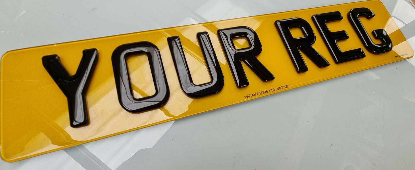 Pair of 4D Acrylic PLUS 3D Gel ON TOP Number Plates, Gloss Black, Road Legal Plates
