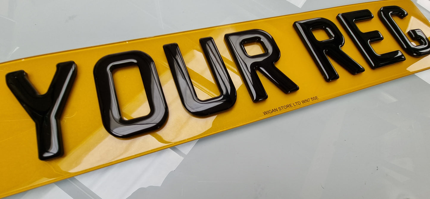 Pair of 4D Acrylic PLUS 3D Gel ON TOP Number Plates, Gloss Black, Road Legal Plates