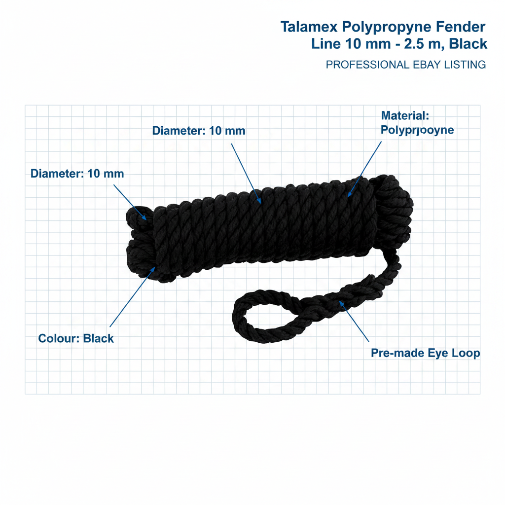 Talamex Fender Line Black 10mm x 2.5m Spliced Eye 3-Strand Boat Rope 01.222.410