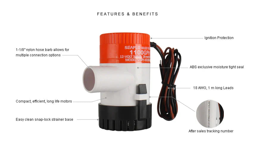 SEAFLO 12V 1100GPH Marine Bilge Pump Non-Automatic SFBP1-G1100-01