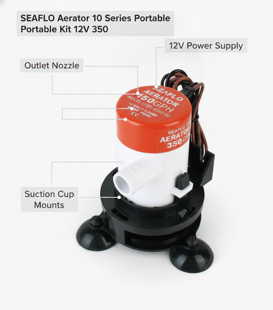 SEAFLO 12V 350GPH Portable Aerator Kit SFBP1-G350-10 Baitwell Livewell Pump Kit