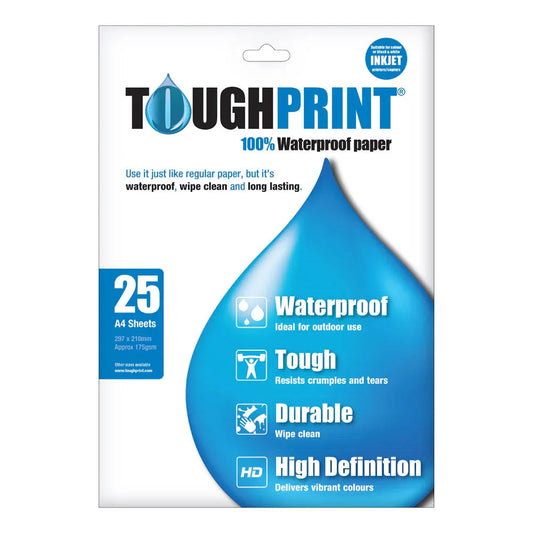 ToughPrint A4 Waterproof Inkjet Paper 25 Sheets - Durable Marine Map Paper