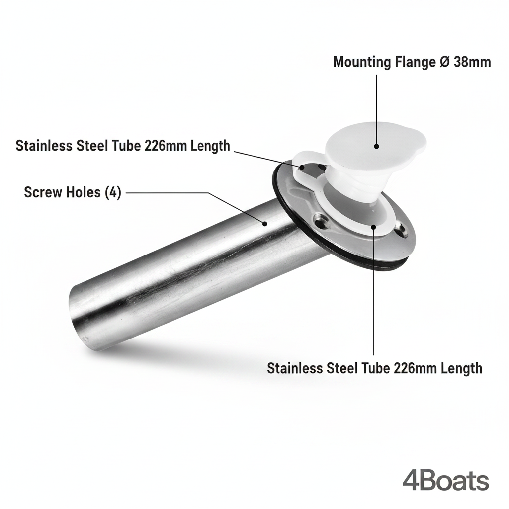 Stainless Steel Boat Rod Holder Flush Mount 226mm x 38mm White Cap Marine Grade