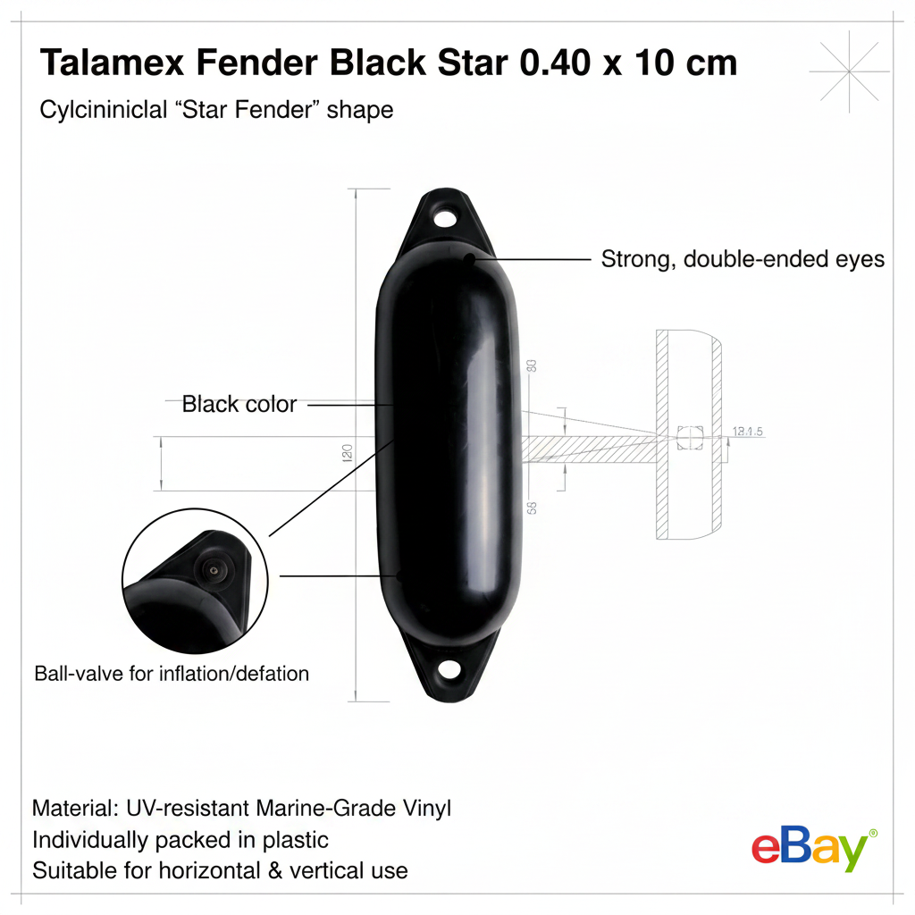 Talamex Star 0 Boat Fender Black 40 x 10 cm UV Marine Vinyl