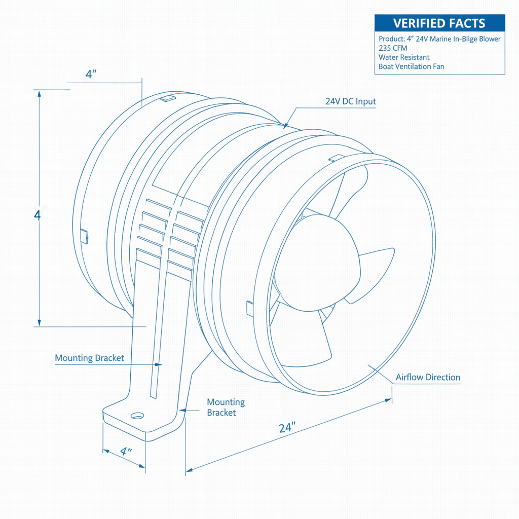 4" 24V Marine In-Line Bilge Blower 235CFM Water Resistant Boat Ventilation Fan