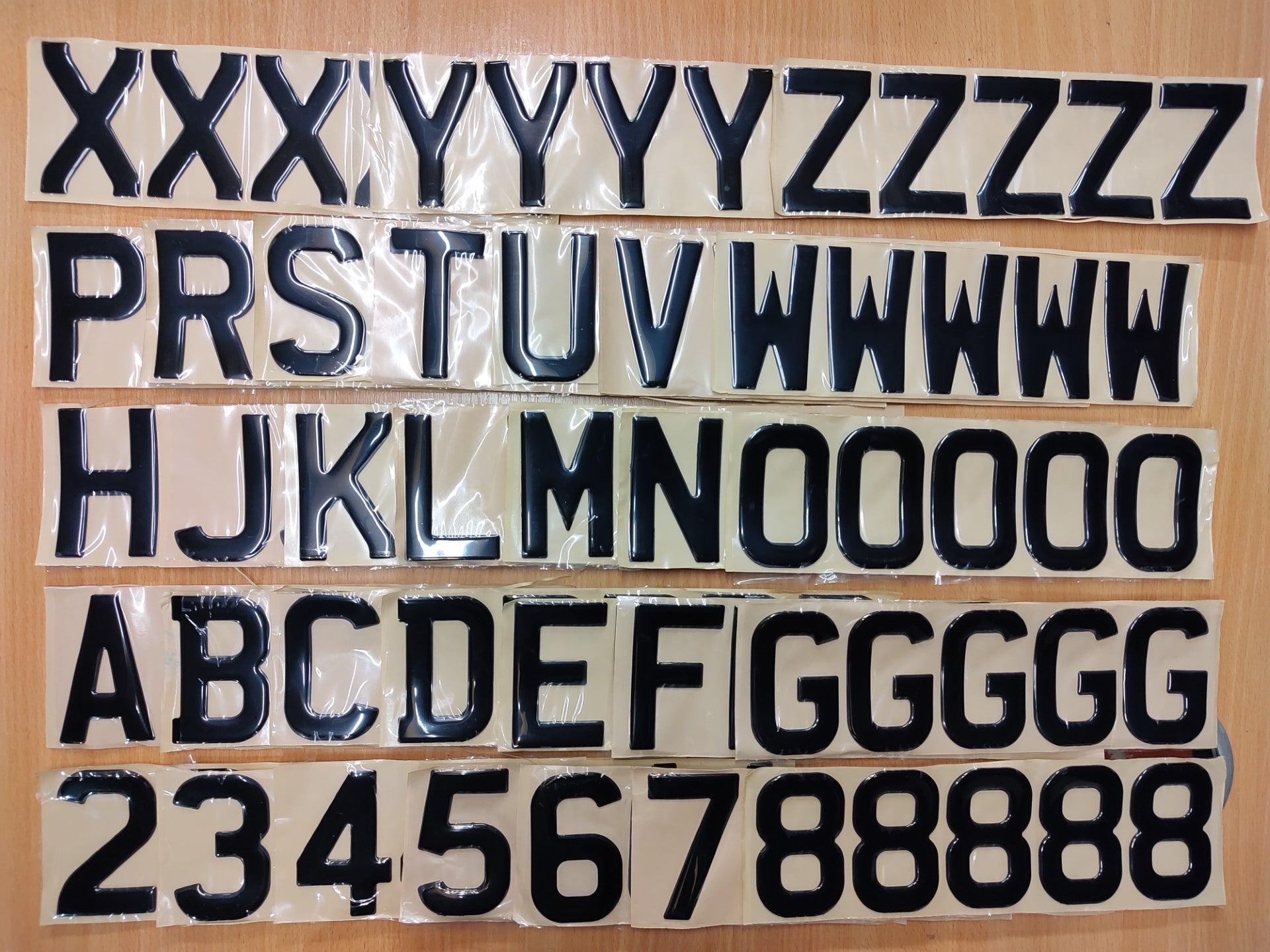 3D Gel BLACK Number Plate Domed Resin Digits Characters Letters Full S ...