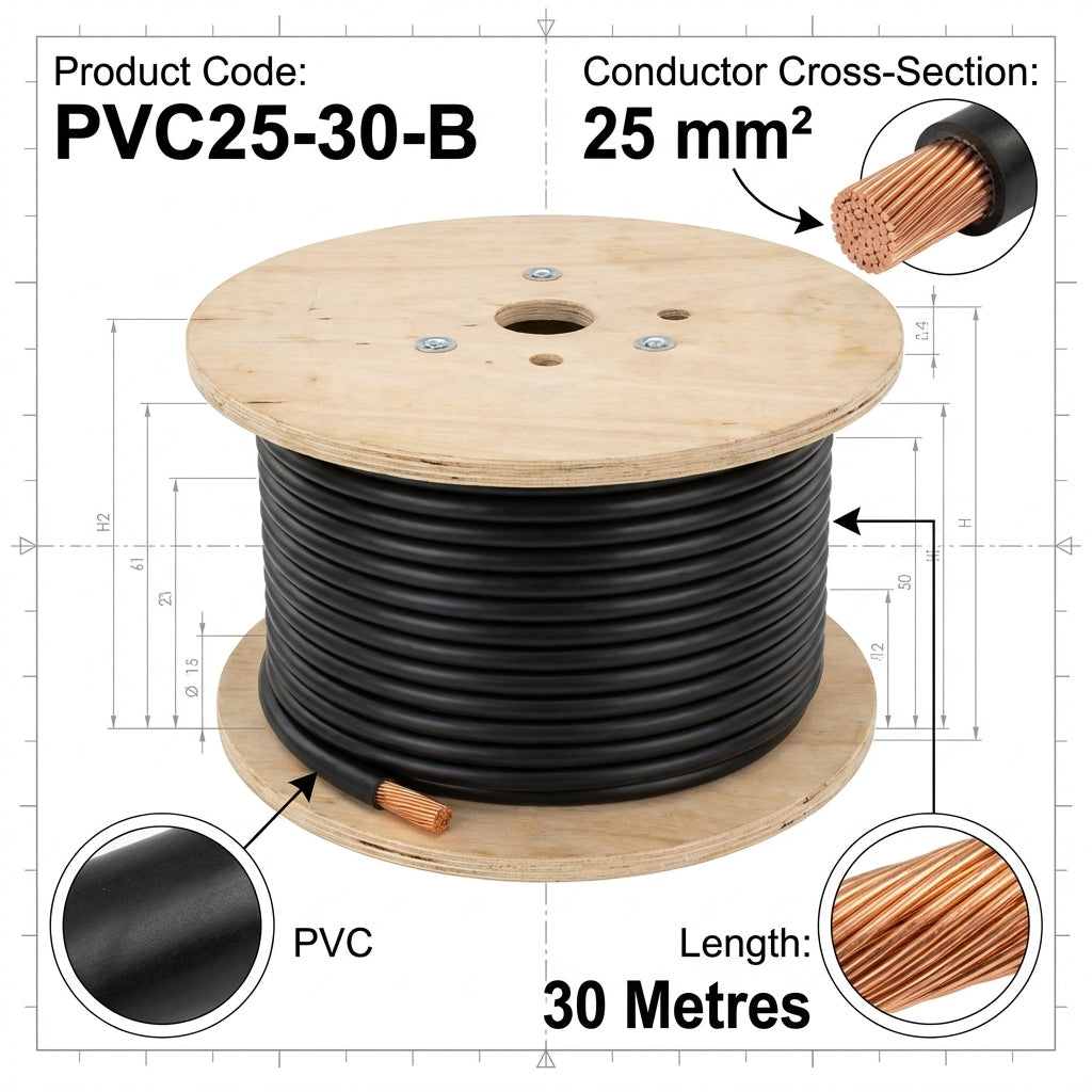 AMC 25mm 170A Flexible Battery Cable Black 30m Reel Marine Automotive PVC25-30-B