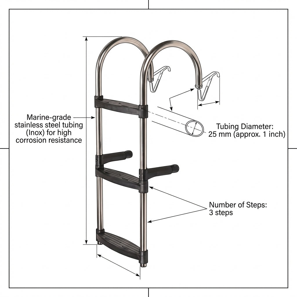 3-Step Inox Stainless Steel Boat Boarding Ladder Folding Hooks 830x350mm 316