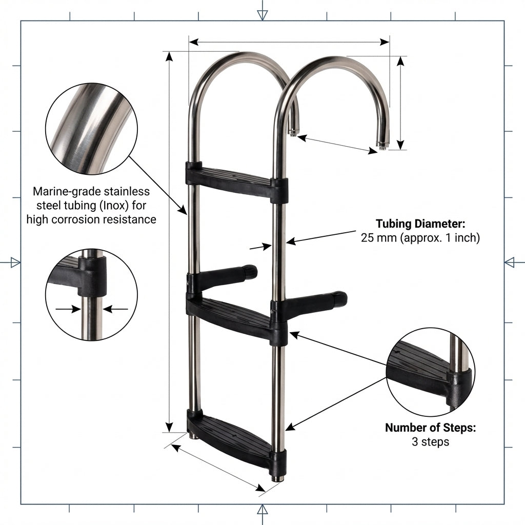 3-Step Inox Stainless Steel Boat Boarding Ladder Folding Hooks 830x350mm 316