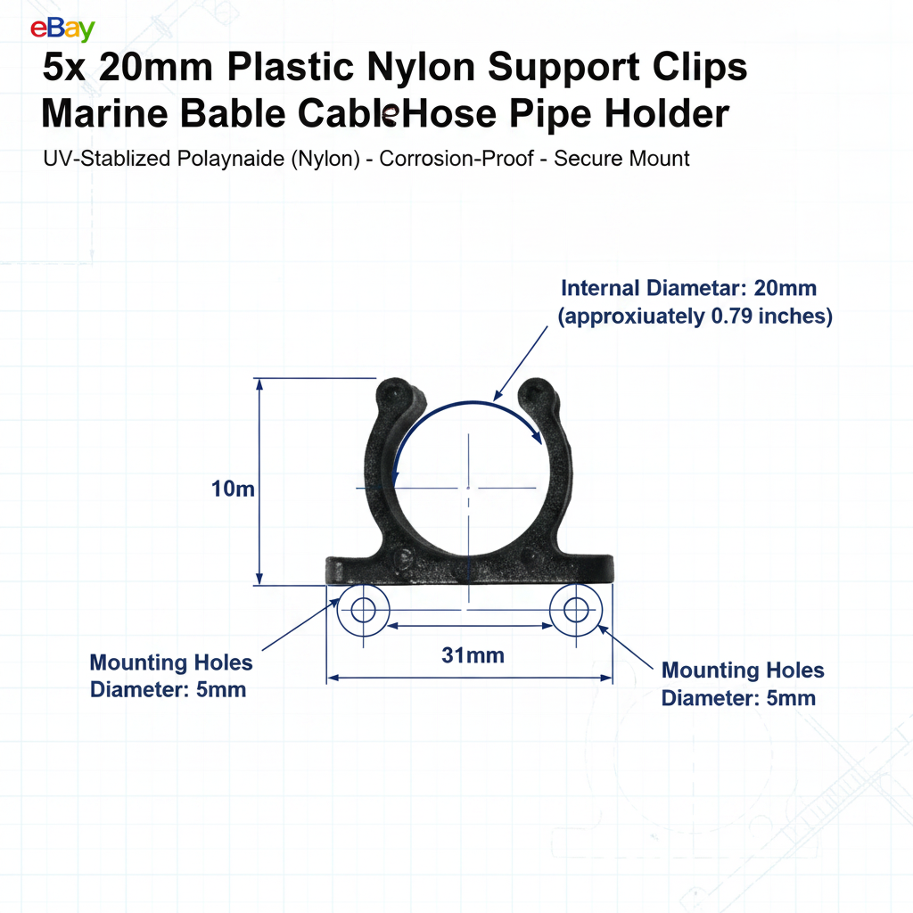 5x 15mm Plastic Nylon Support Clips - Marine Boat Hook & Pipe Storage Holder