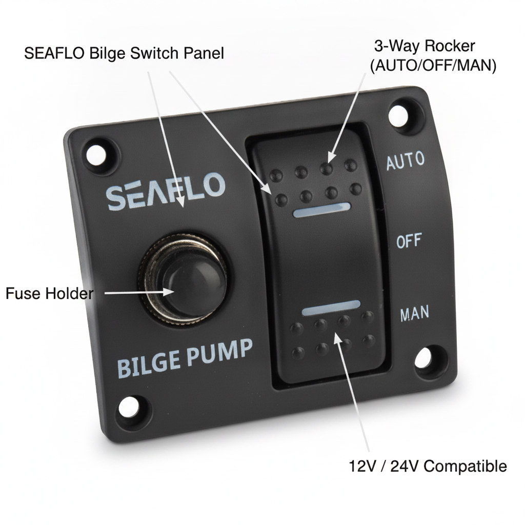 Seaflo 3-Way Bilge Pump Switch Panel 12V/24V Auto-Off-Manual SP01502 Marine