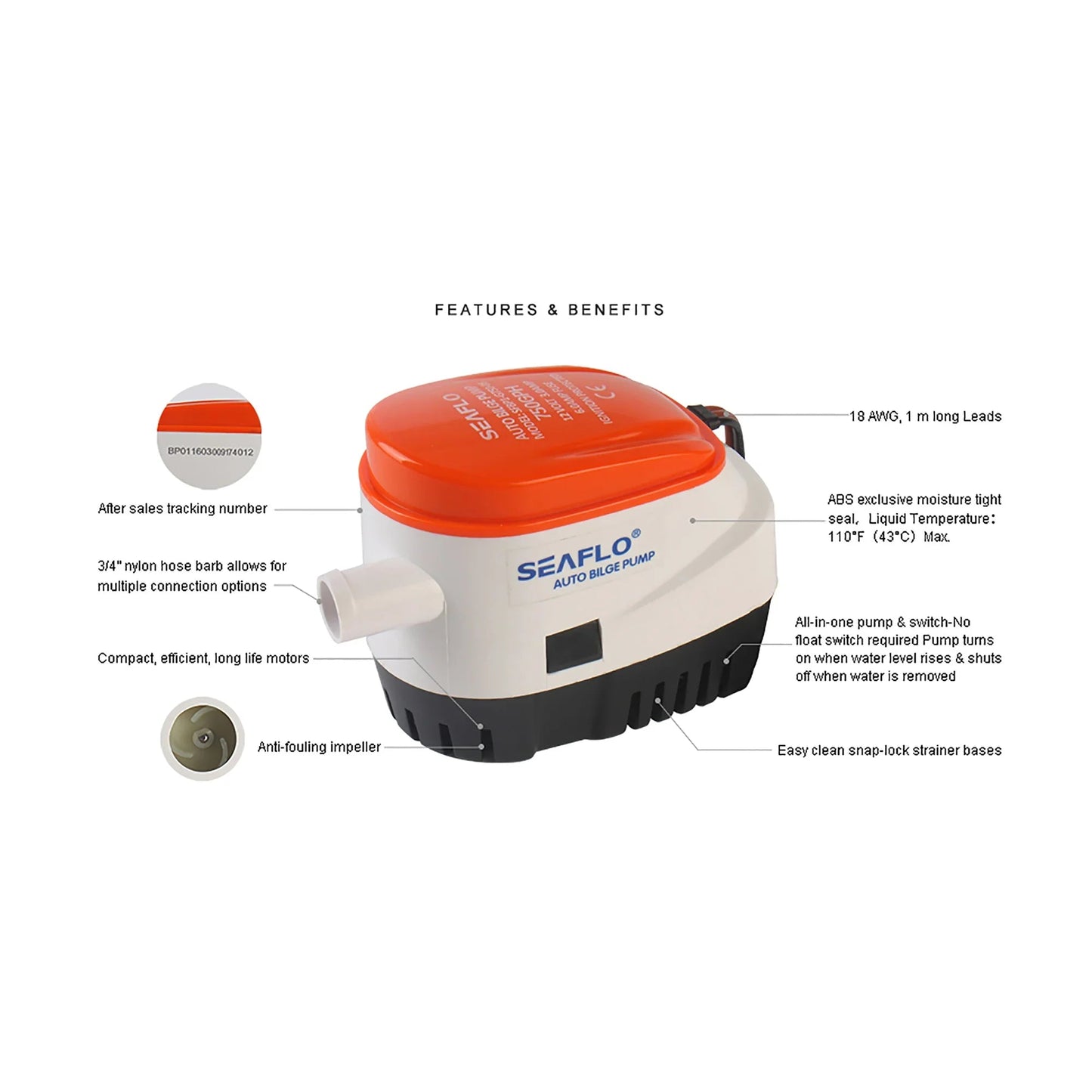 Seaflo 12V 750 GPH Automatic Submersible Bilge Pump Marine Boat SFBP1-G750-06