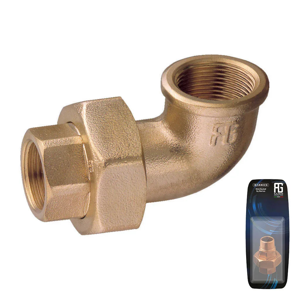 Guidi Brass 90° Brass F‑F Union, Tapered Seat & O‑Ring, 1in x | 4Boats