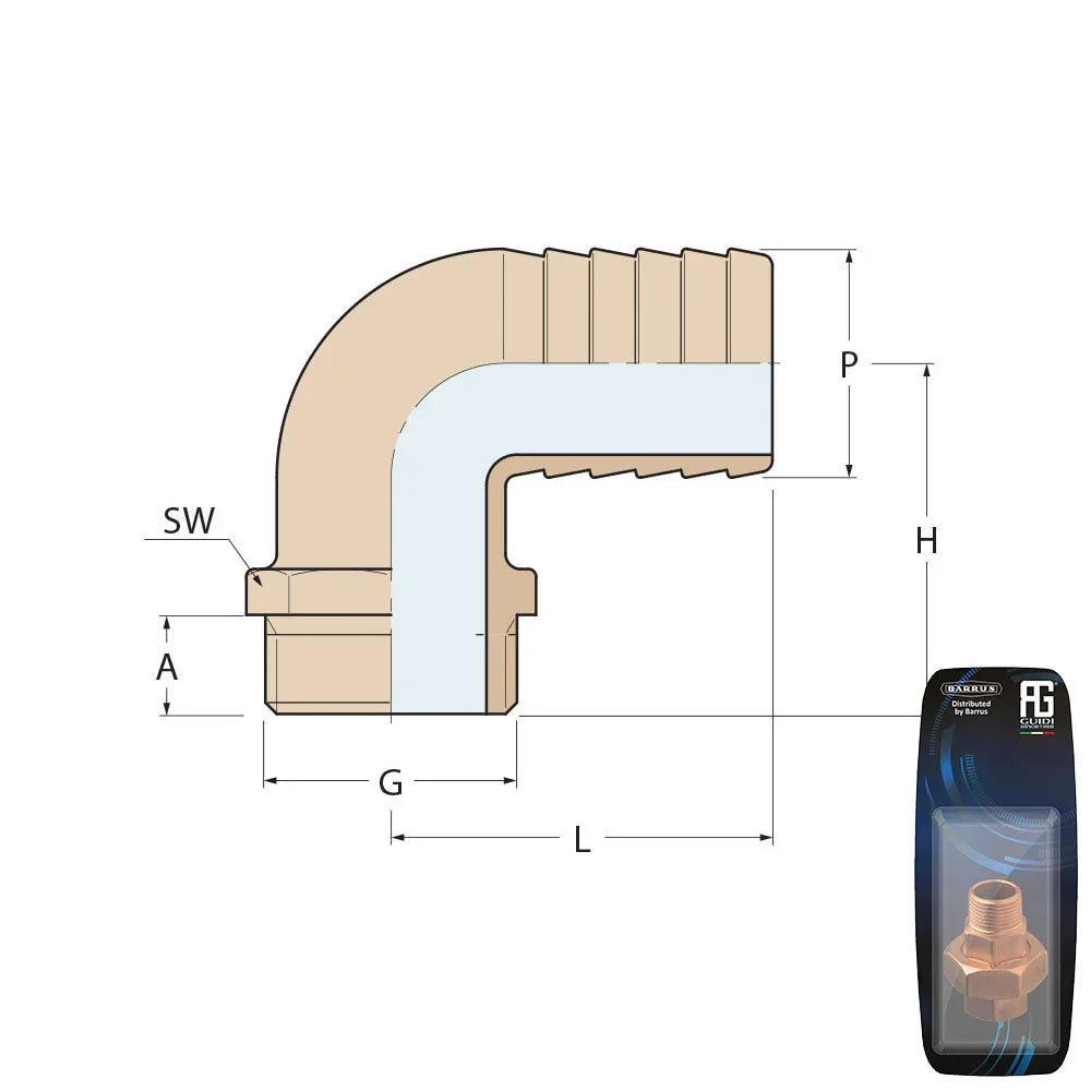 Guidi Brass 90° Hose Connector 12.7 mm (1/2 in) - Retail Pack | 4Boats