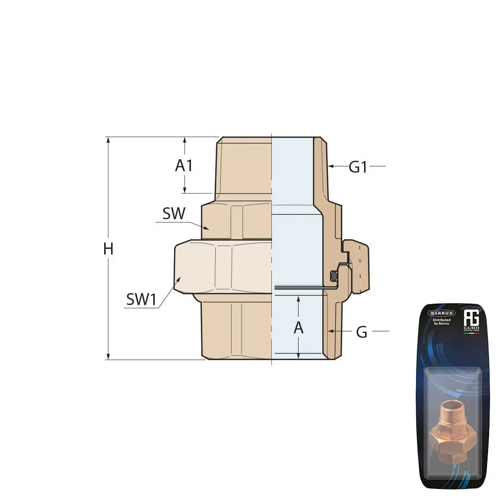 Guidi Brass Union M-F Tapered Seat 1/8 in BSPT - Retail Pack | 4Boats