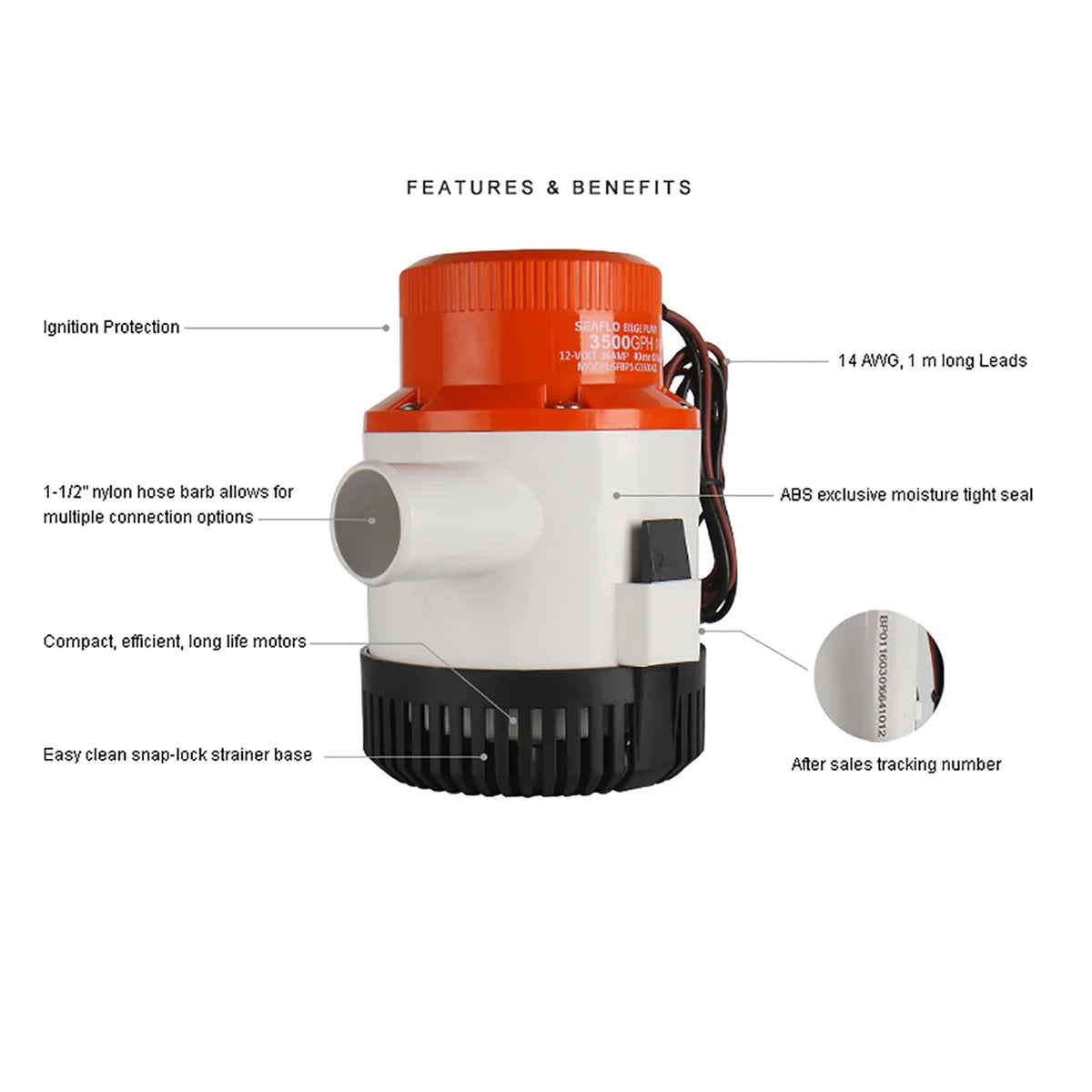 Seaflo 12V 3000GPH Marine Bilge Pump Non-Auto Submersible SFBP1-G3000-01 Boat
