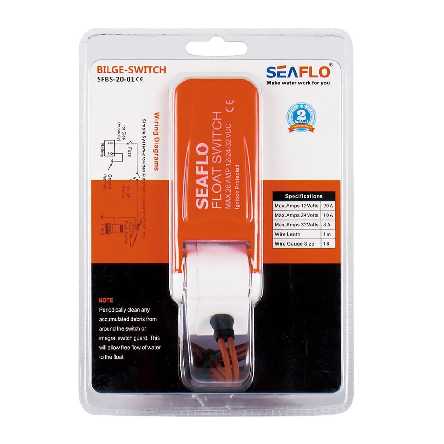 SEAFLO 01 Series Bilge Pump Float Switch 12V 24V 32V 20A Max BPS2001