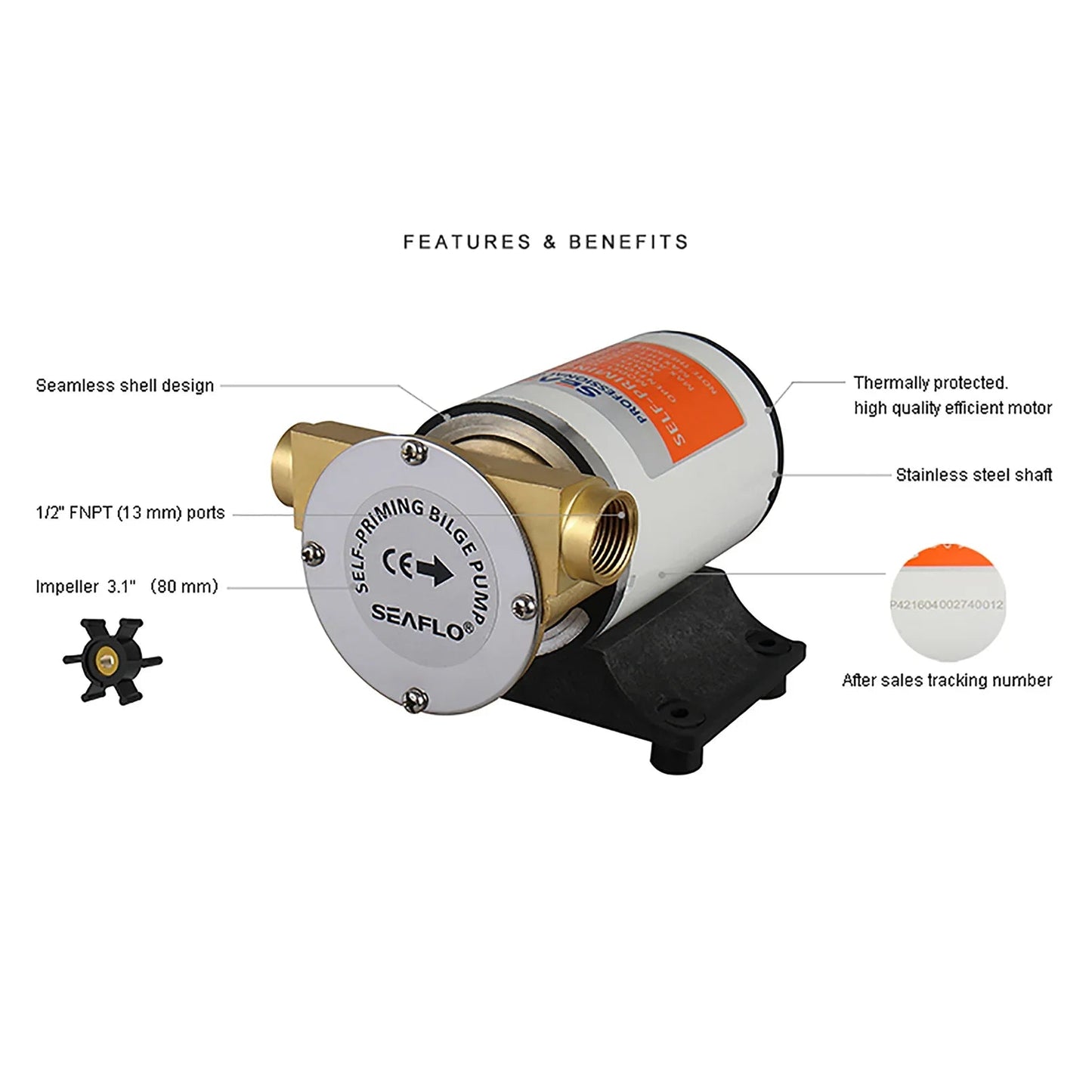 Seaflo 12V Self-Priming Impeller Bilge Pump 8 GPM 30 LPM Brass SP108000301