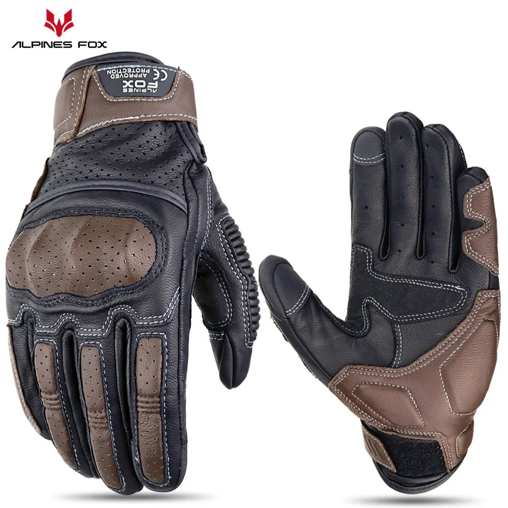 Summer Retro Perforated Leather Motorcycle Gloves Men Women Full Finger Motocross Biker Glove Guantes Moto Equipment M-XXL
