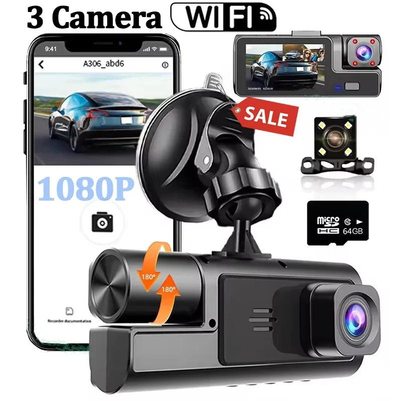 3 Lens Car Recorder with Memory Card Car Camera 1080P VCR WIFI Car DVR 2 Lens Front and Rear View Camera Night Vision Car Access