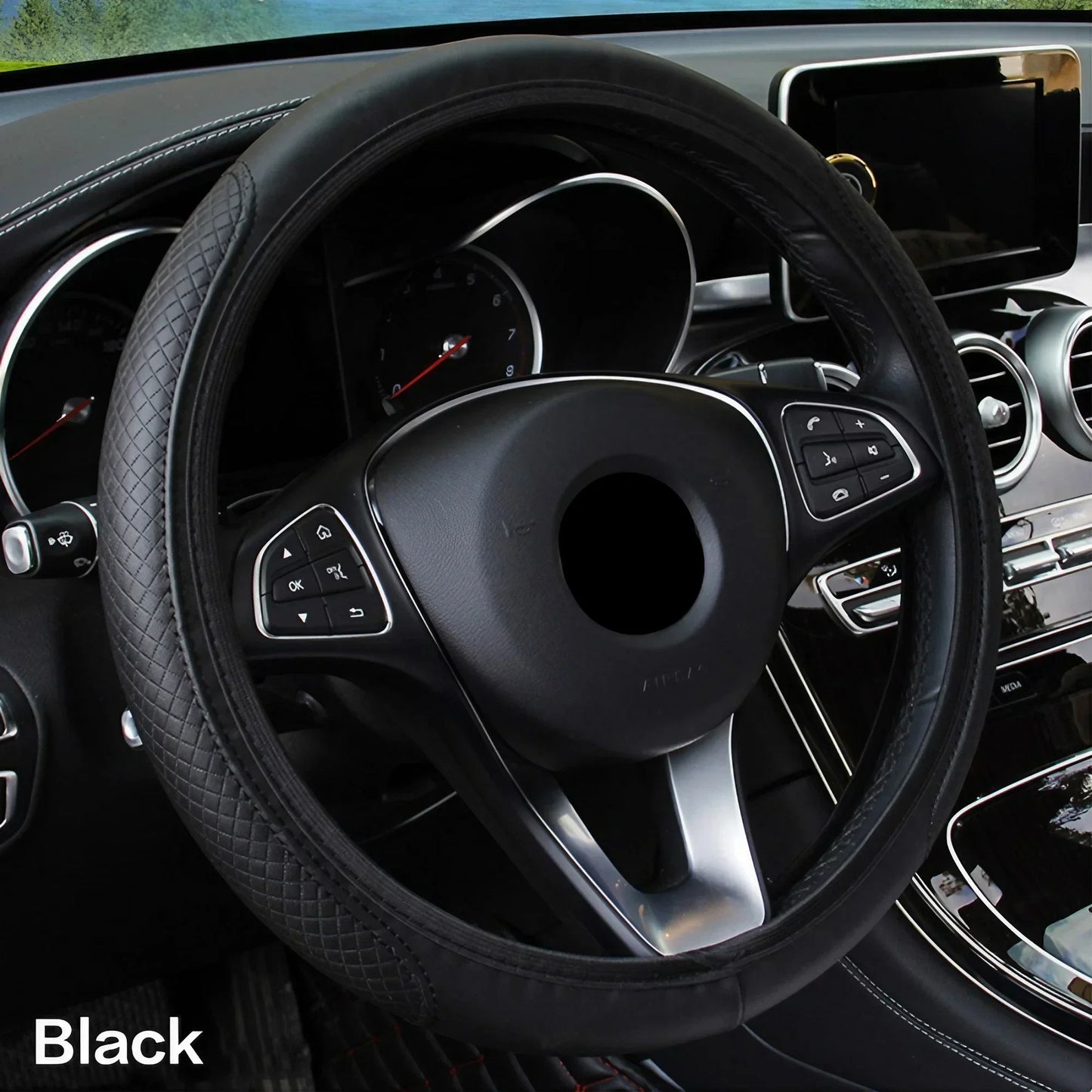 Breathable PU Leather Anti-Slip Universal Car Steering Wheel Cover, Interior Decoration Accessories