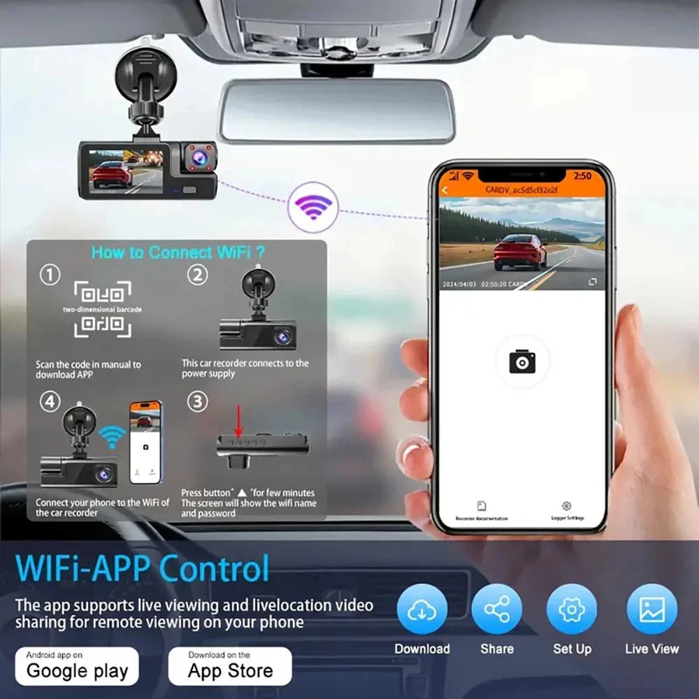 3 Lens Car Recorder with Memory Card Car Camera 1080P VCR WIFI Car DVR 2 Lens Front and Rear View Camera Night Vision Car Access