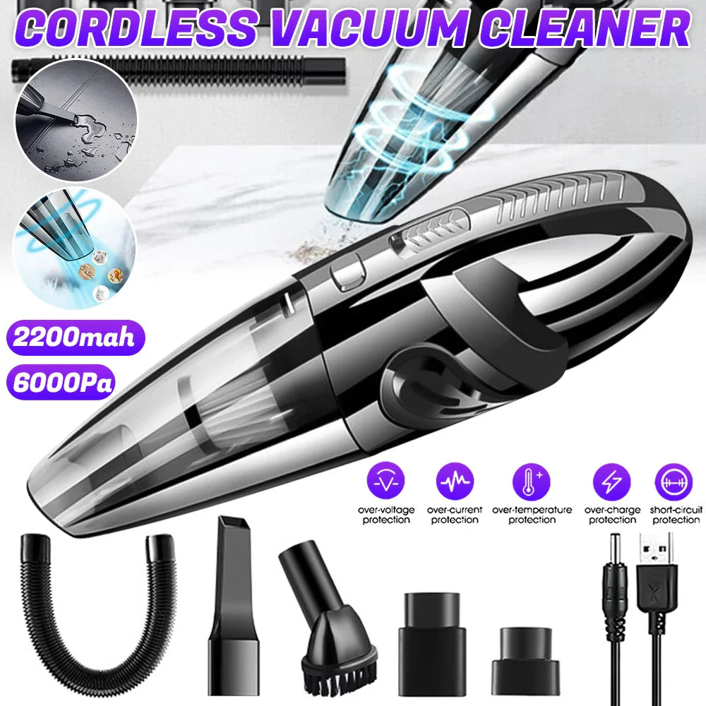 Wireless Handheld Vacuum Cleaner – 12000PA Strong Suction, USB Charging, Wet & Dry Cordless Car Vacuum