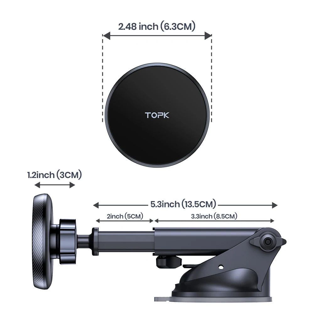 TOPK Mag-Safe Magnetic Car Phone Holder Car Mount for Windshield and Dashboard[Strong Suction]Adjustable Long Arm for Cellphones