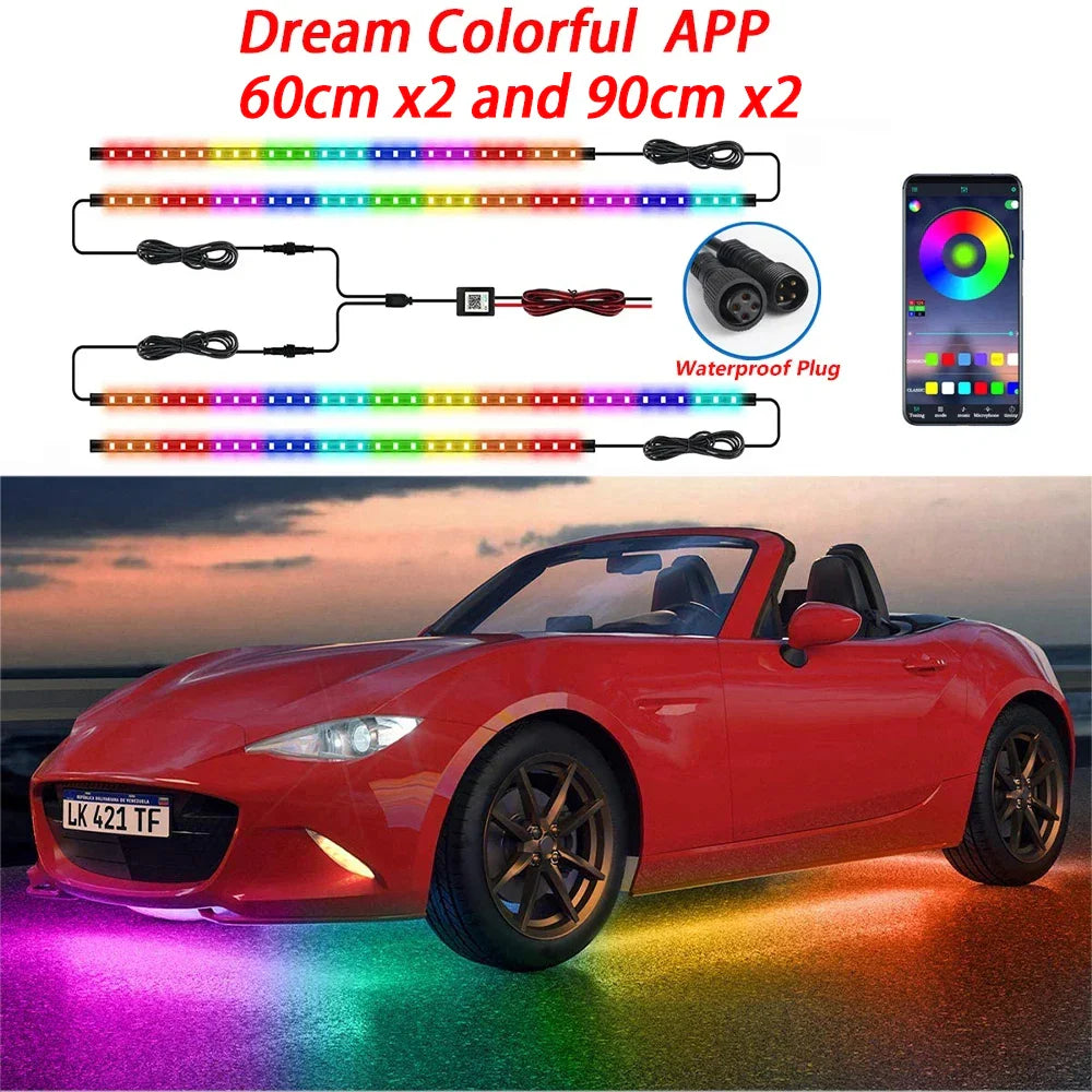RGB Flexible Car Underglow Light Strip – 12V LED Underbody Ambient Light with App Control Neon Decorative Lamps