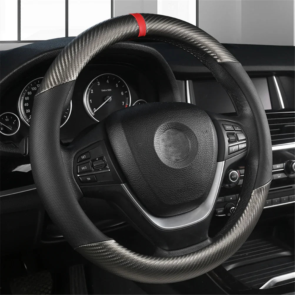 Carbon Fiber Leather Steering Wheel Cover  Breathable Non-slip Interior Accessories