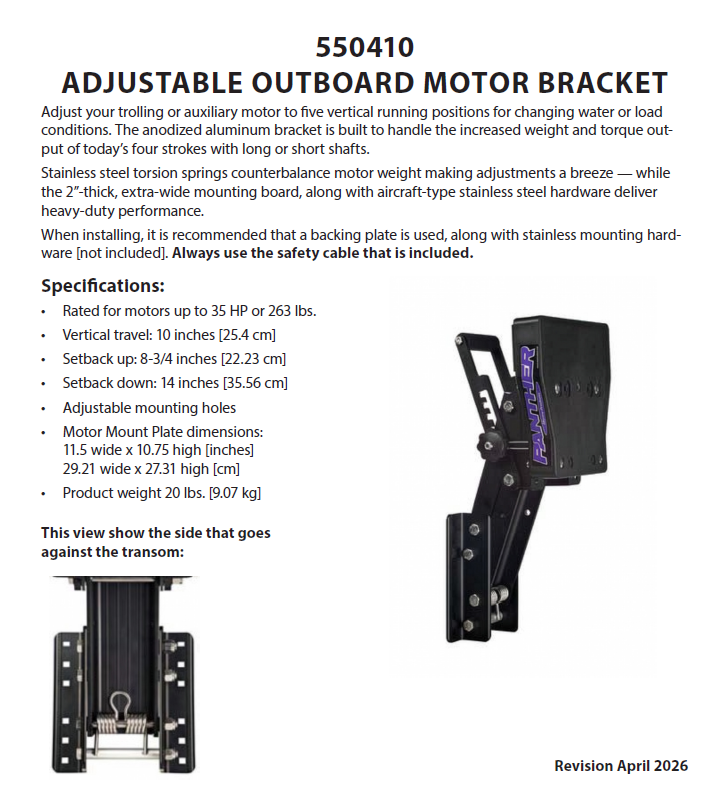 Panther 55-0410 Black Anodised Auxiliary Engine Bracket Outboard Up to 35HP