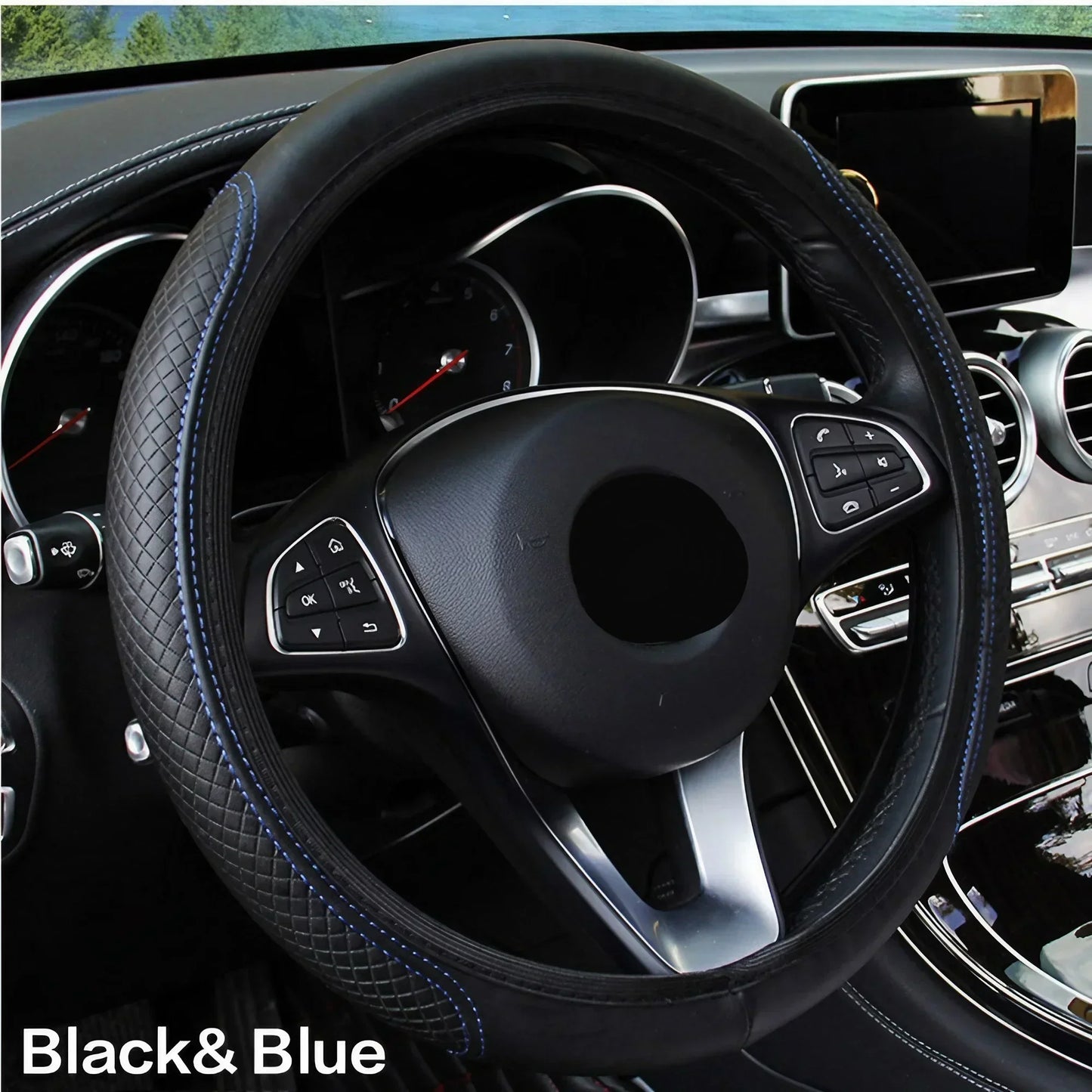 Breathable PU Leather Anti-Slip Universal Car Steering Wheel Cover, Interior Decoration Accessories