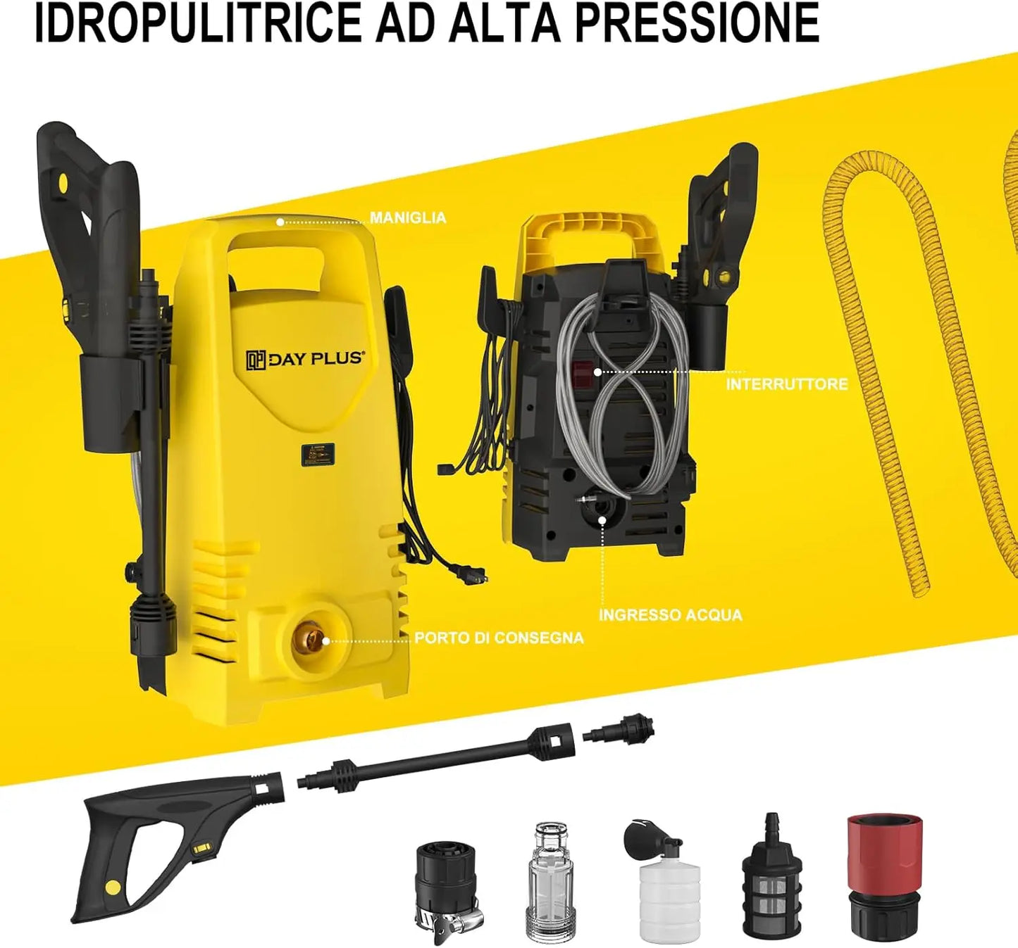 Electric High Pressure Washer 1600W, 120bar, 380L/h – Adjustable Lance, 7m Flexible Hose, for Terraces, Gardens, Cars