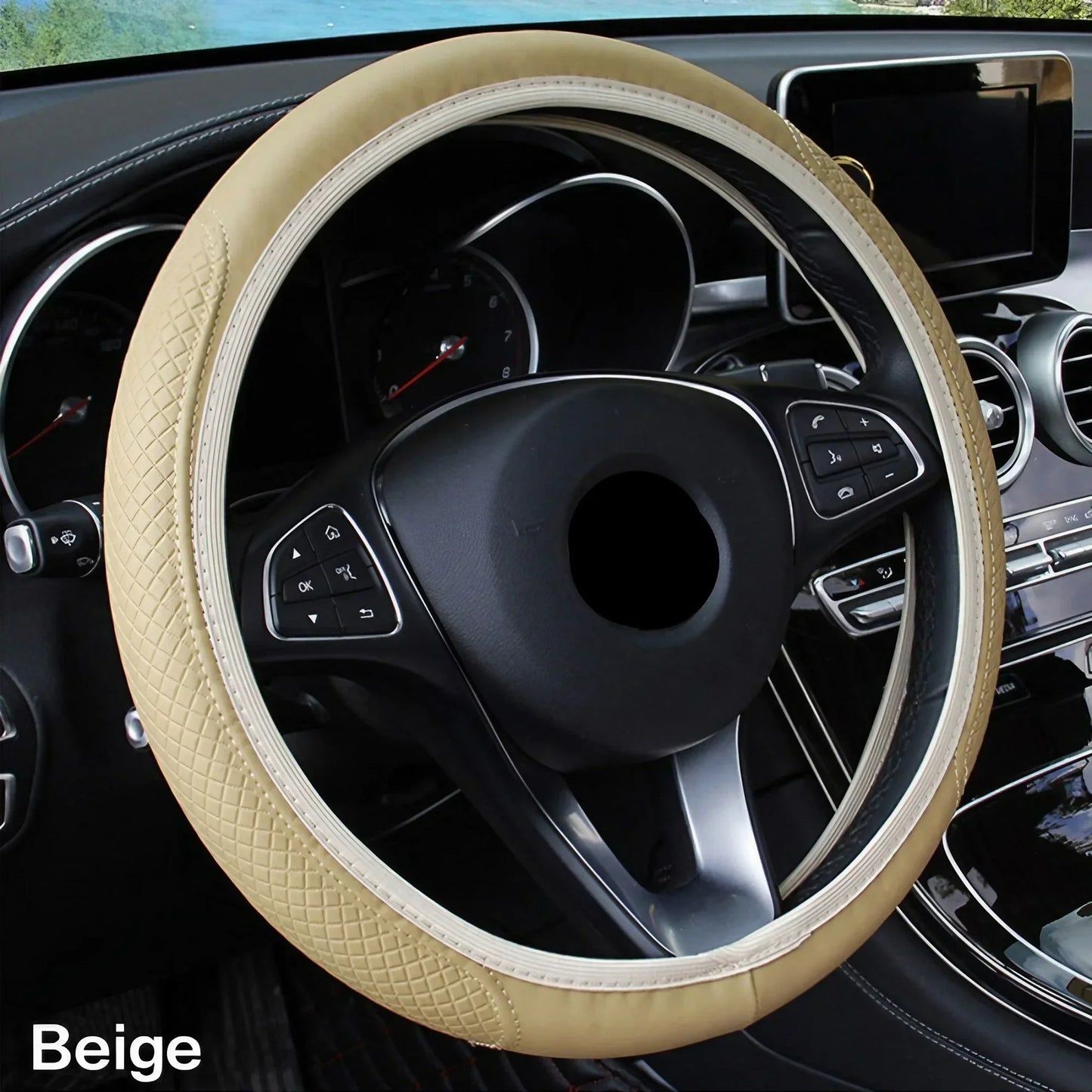 Breathable PU Leather Anti-Slip Universal Car Steering Wheel Cover, Interior Decoration Accessories