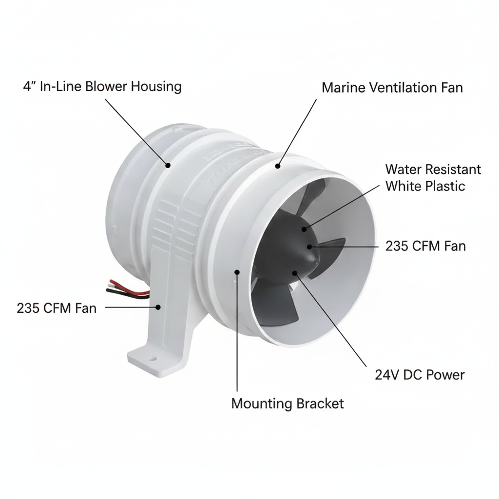 4" 24V Marine In-Line Bilge Blower 235CFM Water Resistant Boat Ventilation Fan