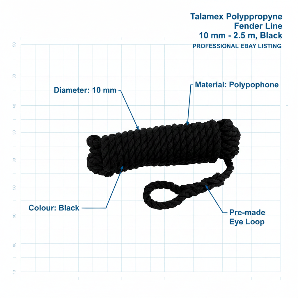 Talamex Fender Line Black 10mm x 2.5m Spliced Eye 3-Strand Boat Rope 01.222.410