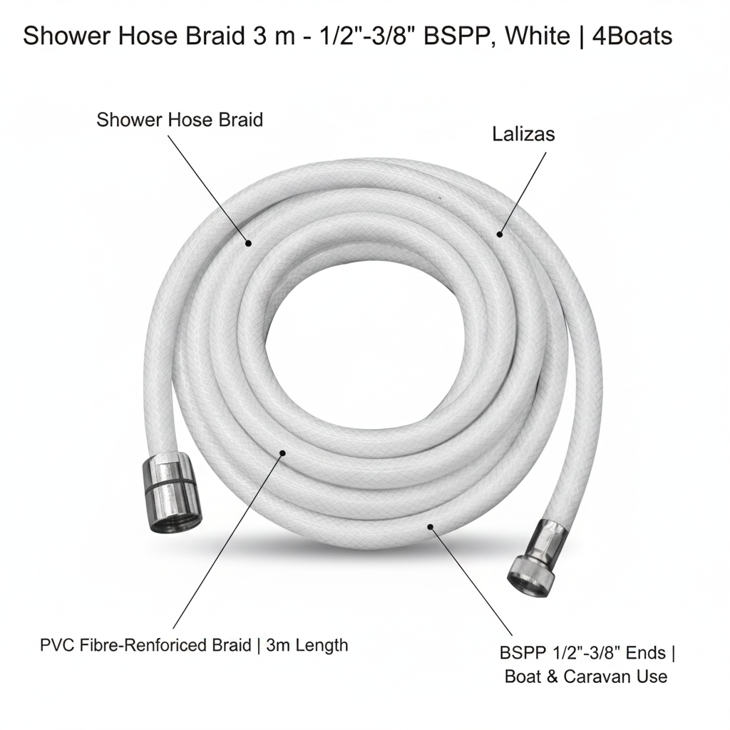 White Braided Marine Shower Hose 3m Extra Long 1/2" x 3/8" Threads Boat Caravan