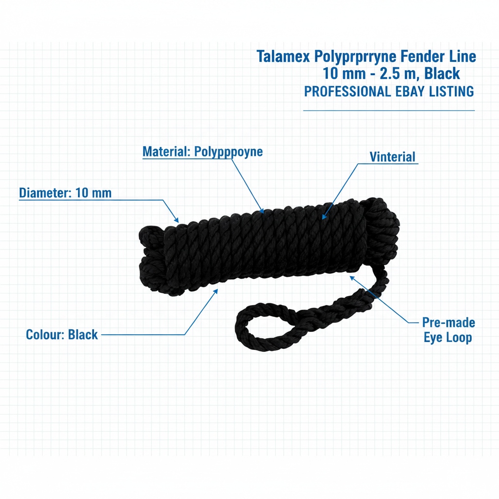 Talamex Fender Line Black 10mm x 2.5m Spliced Eye 3-Strand Boat Rope 01.222.410