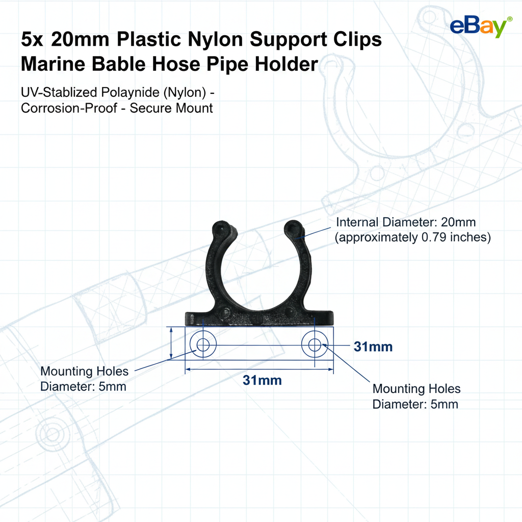 5x 15mm Plastic Nylon Support Clips - Marine Boat Hook & Pipe Storage Holder