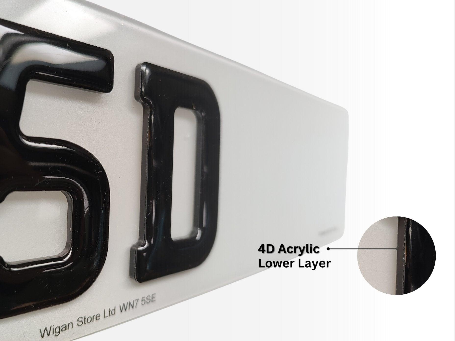 Pair of 4D Acrylic PLUS 3D Gel ON TOP Number Plates, Gloss Black, Road Legal Plates - Leigh Number Plates