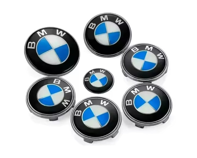 BMW Emblem Badge 7pcs Set: Front + Rear + Centre Caps + Decal