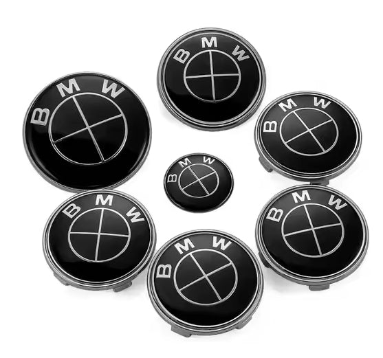 BMW Emblem Badge 7pcs Set: Front + Rear + Centre Caps + Decal